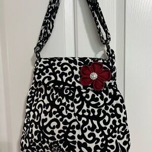 Elegant Black/White Women's Bag with Red Flower Accent. PRICE REDUCED!!!